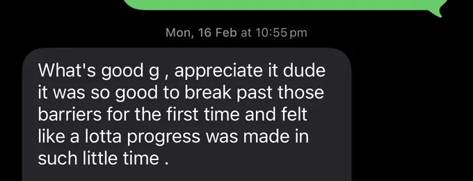Messages between Marc and a client. Client: What's good g, appreciate it dude it was so good to break past those barriers for the first time and felt like a lotta progress was made in such little time .