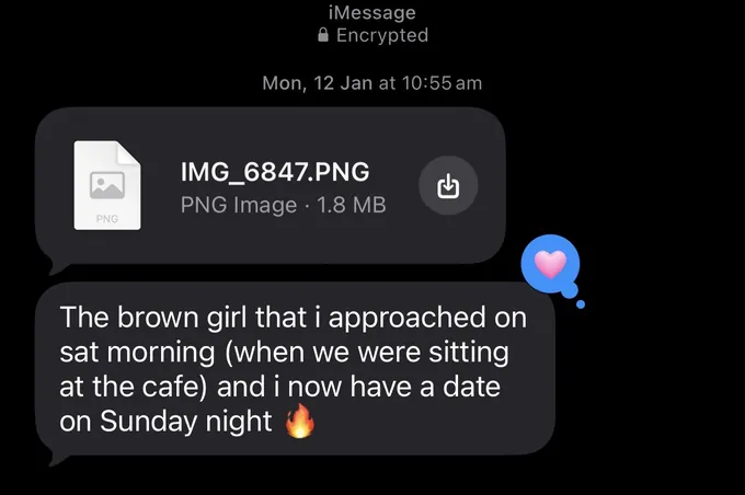 Messages between Marc and a client. Client: The brown girl that i approached on sat morning (when we were sitting at the cafe) and i now have a date on Sunday night